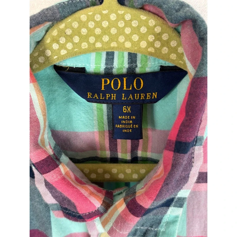 Polo Ralph Lauren Girls 6X Plaid Madras Sleeveless Button Front Shirt Dress Blue
